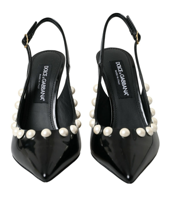 Schwarze Leder Faux Perle Ferse Slingback Schuhe