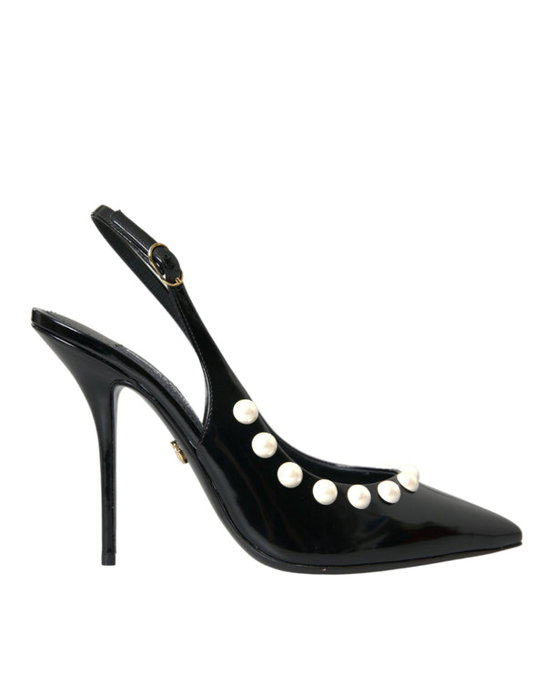 Schwarze Leder Faux Perle Ferse Slingback Schuhe