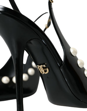 Schwarze Leder Faux Perle Ferse Slingback Schuhe