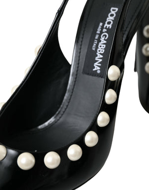 Schwarze Leder Faux Perle Ferse Slingback Schuhe