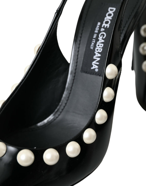 Schwarze Leder Faux Perle Ferse Slingback Schuhe