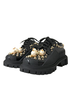 Schwarze Leder Trekking Derby verschönerte Schuhe