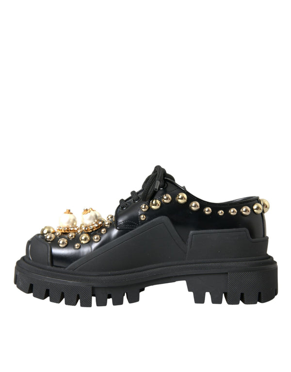 Schwarze Leder Trekking Derby verschönerte Schuhe