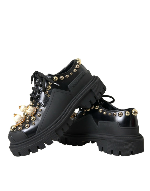 Schwarze Leder Trekking Derby verschönerte Schuhe