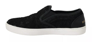 Flache Slip-On-Sneakers aus schwarzem Spitzenleder mit Logo