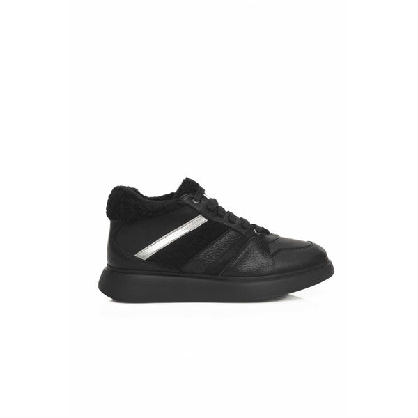 Schwarzes Rindsleder Damen Plateau Sneaker