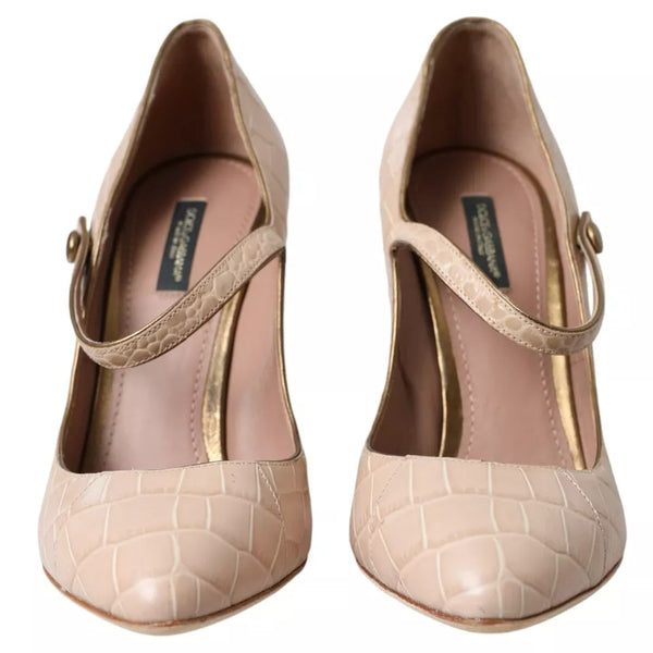 Beige Leder Mary Janes Verschönerte Schuhe