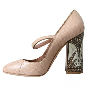 Beige Leder Mary Janes Verschönerte Schuhe
