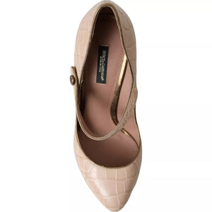 Beige Leder Mary Janes Verschönerte Schuhe