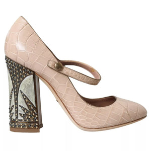 Beige Leder Mary Janes Verschönerte Schuhe