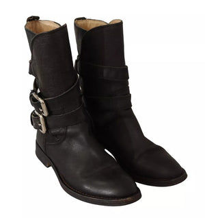 Schwarzes Leder Schnalle Mid Calf Stiefel Schuhe