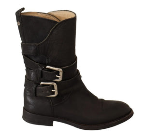 Schwarzes Leder Schnalle Mid Calf Stiefel Schuhe