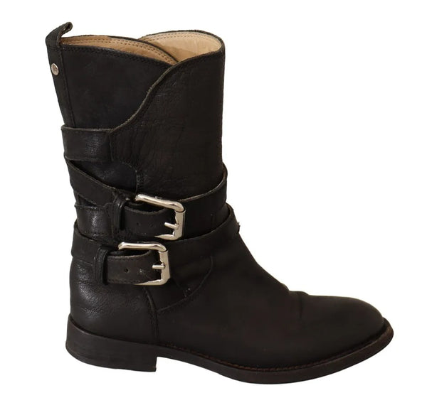 Schwarzes Leder Schnalle Mid Calf Stiefel Schuhe