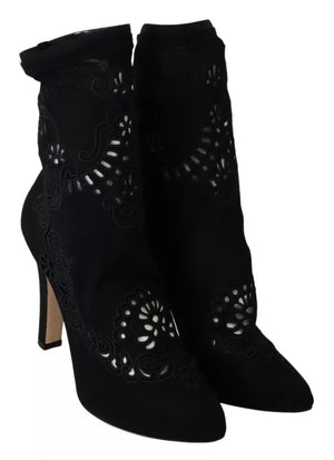 Schwarz Stretch Pumps Stiefel Floral Spitze Schuhe