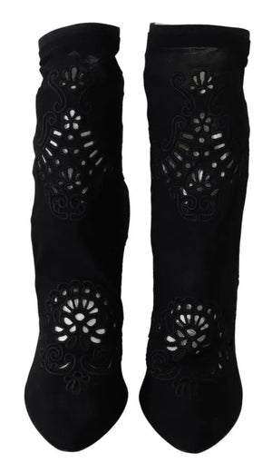 Schwarz Stretch Pumps Stiefel Floral Spitze Schuhe