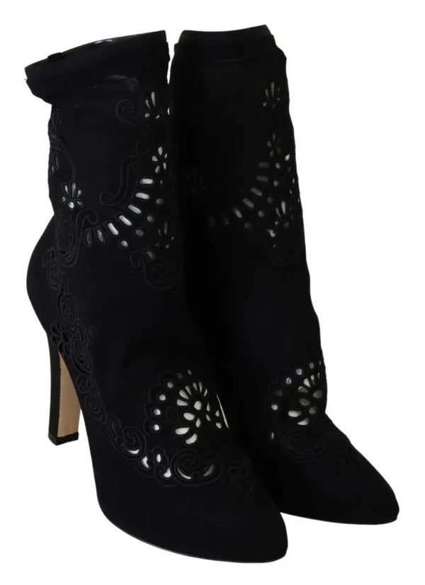 Schwarz Stretch Pumps Stiefel Floral Spitze Schuhe