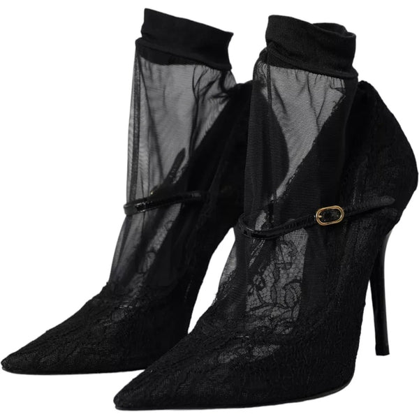 Schwarz Tüll Stretch Stiefel Pumps Schuhe