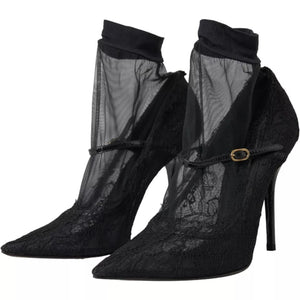 Schwarz Tüll Stretch Stiefel Pumps Schuhe