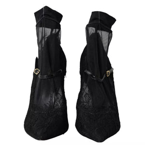 Schwarz Tüll Stretch Stiefel Pumps Schuhe