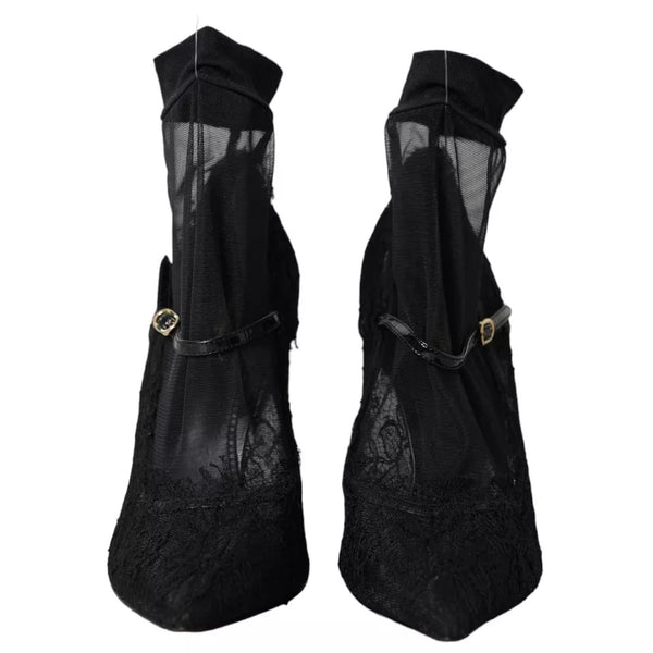 Schwarz Tüll Stretch Stiefel Pumps Schuhe