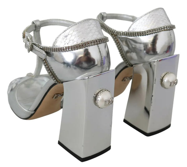 Silberne Kristalle T-Riemen Sandalen Lederschuhe