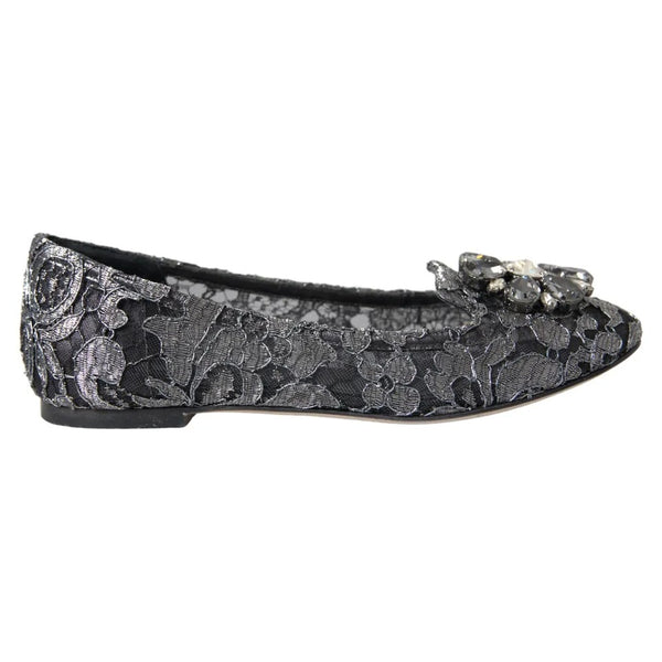 Graue Schwarze Spitze Kristall Ballett Loafers Schuhe