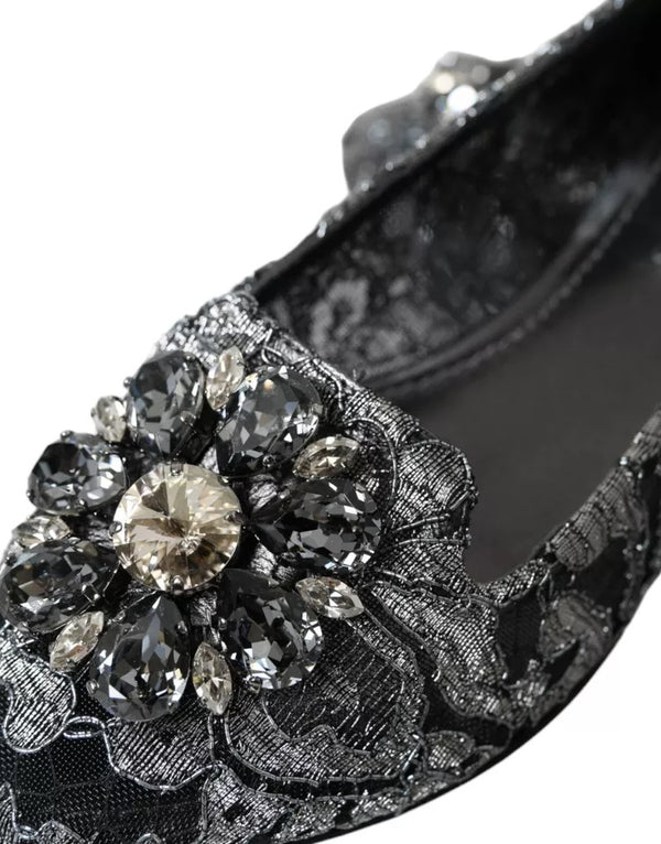 Graue Schwarze Spitze Kristall Ballett Loafers Schuhe