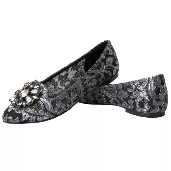 Graue Schwarze Spitze Kristall Ballett Loafers Schuhe