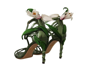 Acid Grün Leder Riemchen Blume Heels Sandalen Schuhe