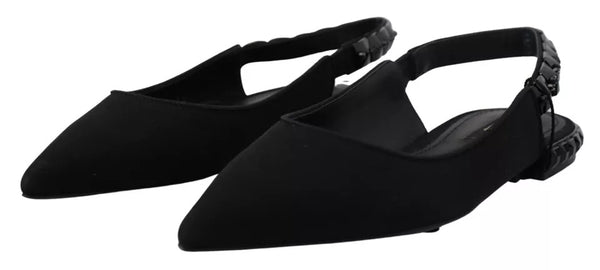Schwarze Flats Kristall Slingback Charmeuse Schuhe