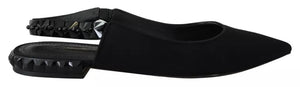 Schwarze Flats Kristall Slingback Charmeuse Schuhe