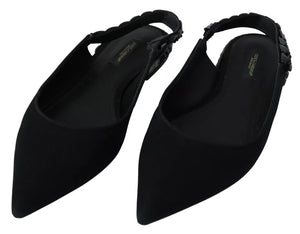 Schwarze Flats Kristall Slingback Charmeuse Schuhe