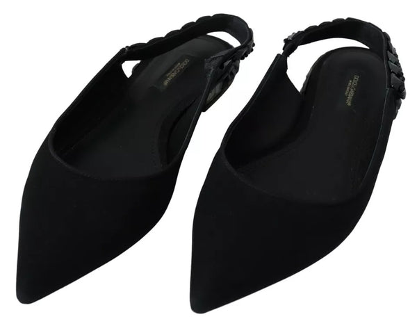 Schwarze Flats Kristall Slingback Charmeuse Schuhe