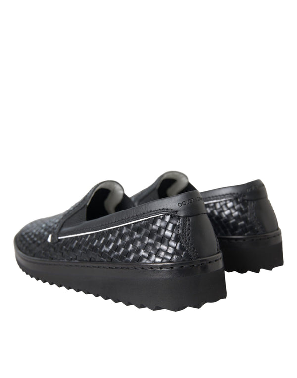 Schwarz gewebtes Büffelleder Herren Loafers Schuhe