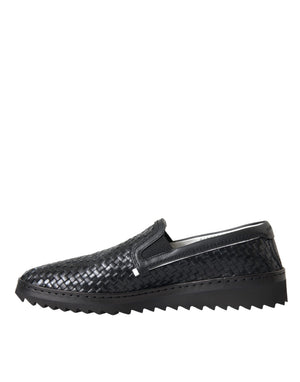 Schwarz gewebtes Büffelleder Herren Loafers Schuhe