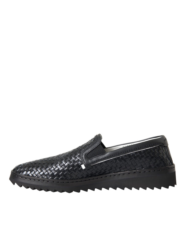 Schwarz gewebtes Büffelleder Herren Loafers Schuhe