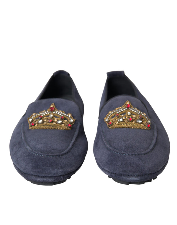 Blaue Leder Wildleder Crystal Crown Loafers Schuhe