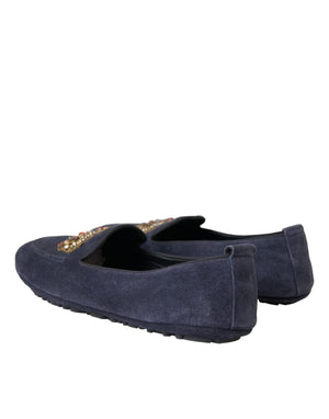Blaue Leder Wildleder Crystal Crown Loafers Schuhe