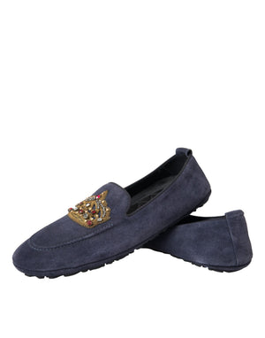 Blaue Leder Wildleder Crystal Crown Loafers Schuhe