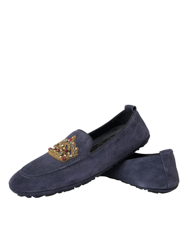 Blaue Leder Wildleder Crystal Crown Loafers Schuhe