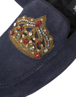 Blaue Leder Wildleder Crystal Crown Loafers Schuhe