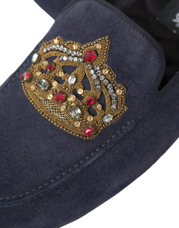 Blaue Leder Wildleder Crystal Crown Loafers Schuhe