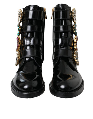 Schwarz Leder Kristall Schnallen Stiefel Schuhe