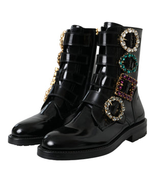 Schwarz Leder Kristall Schnallen Stiefel Schuhe