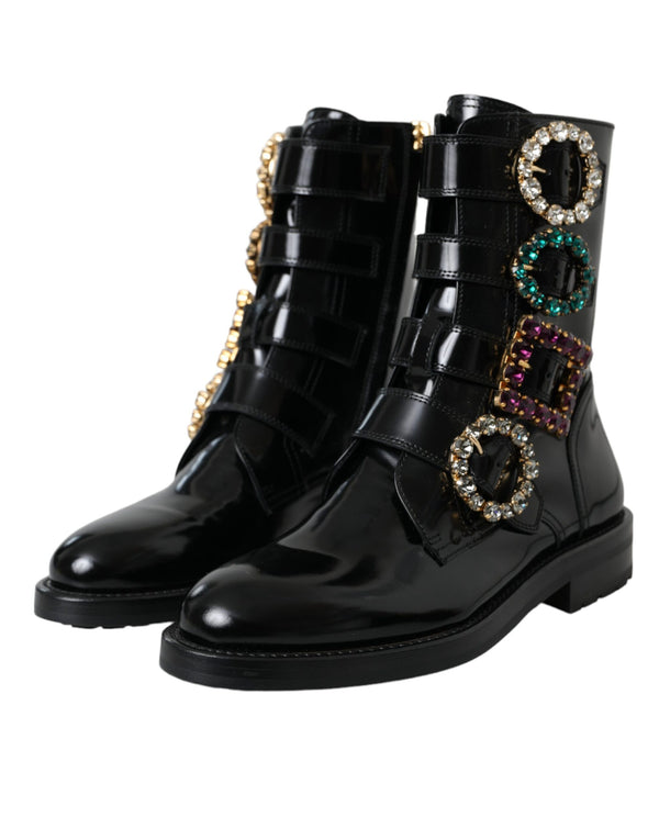 Schwarz Leder Kristall Schnallen Stiefel Schuhe