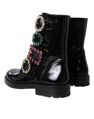 Schwarz Leder Kristall Schnallen Stiefel Schuhe