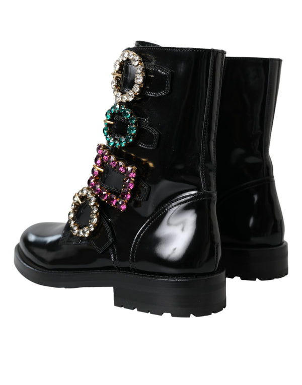 Schwarz Leder Kristall Schnallen Stiefel Schuhe