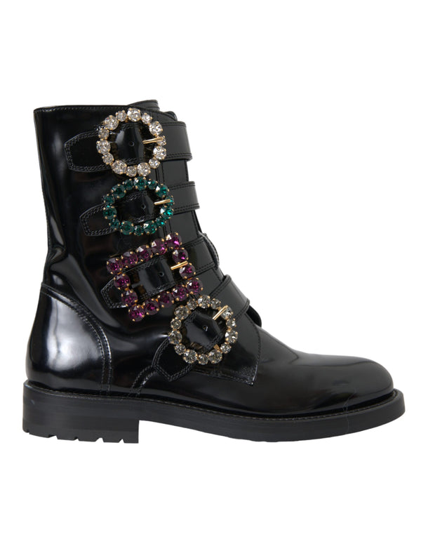 Schwarz Leder Kristall Schnallen Stiefel Schuhe
