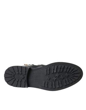 Schwarz Leder Kristall Schnallen Stiefel Schuhe