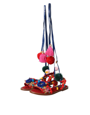 Multicolor Pom Pom Pelz Wrap Sandalen Schuhe